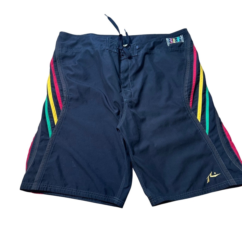 Rusty Mens Board Shorts Black Rasta Stripe Surf Swim Trunks Size 42